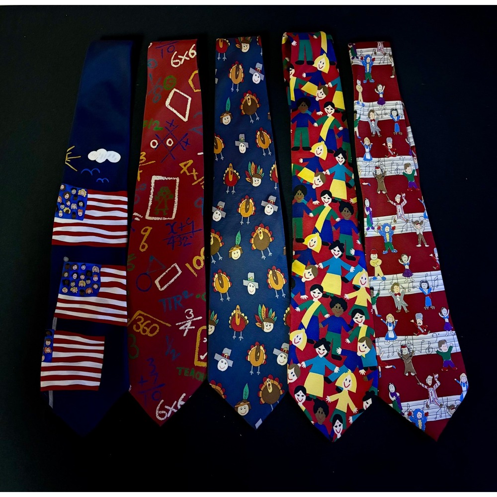 VTG Lot of 5 Save the Children Collection Silk Ties Teacher Holiday Musical